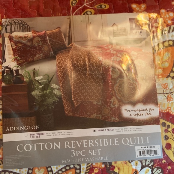 Addington Cotton Reversible Quilt 3PC Set - Red and Brown king size - Picture 2 of 5